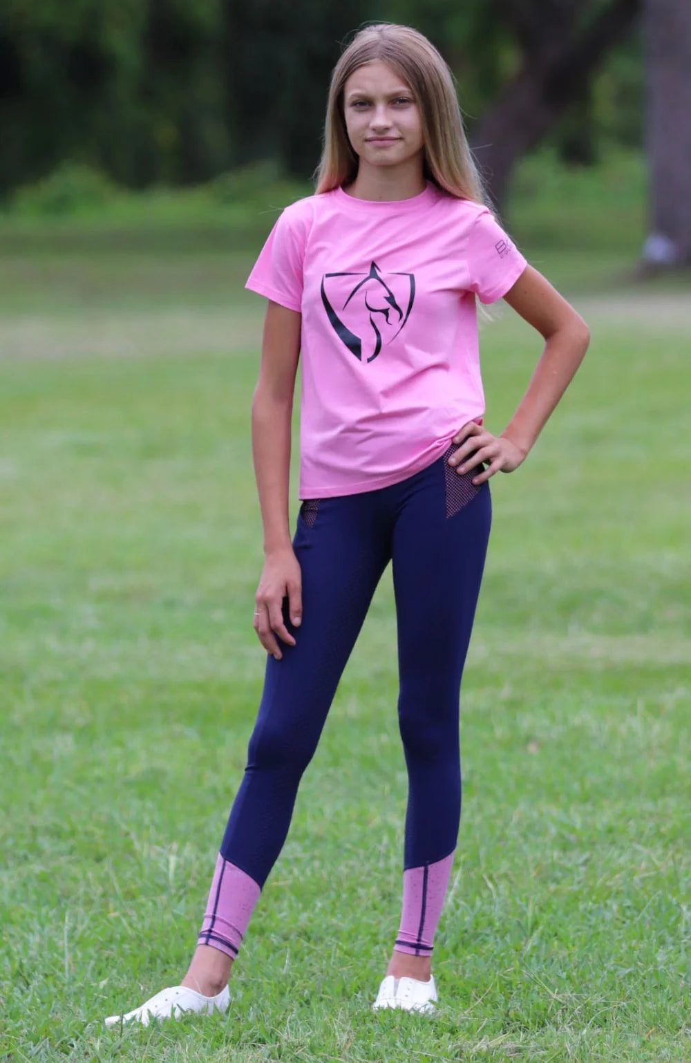 Youth BARE Performance Riding Tights - Navy and Pink Galaxy