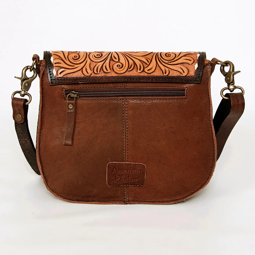 American Darling Messenger Bag Floral Hand Tooled Leather and Hair on Hide