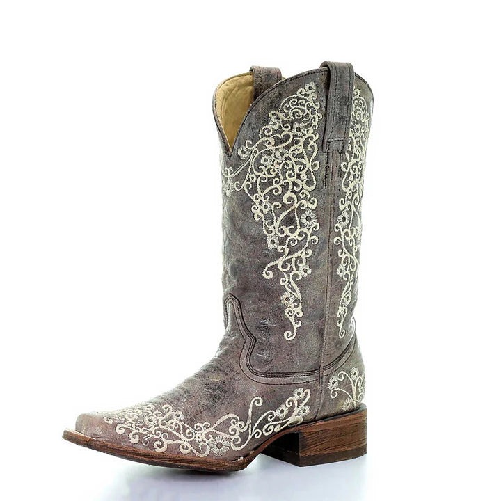 Corral Ladies Brown Crater Bone Embroidered Square Toe Boots