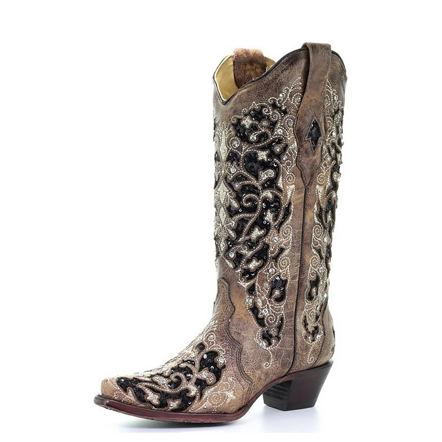 Corral Womens Black Glitter Inlay Floral Overlay with Crystals and Studs Snip Toe Boot Brown Cowboy
