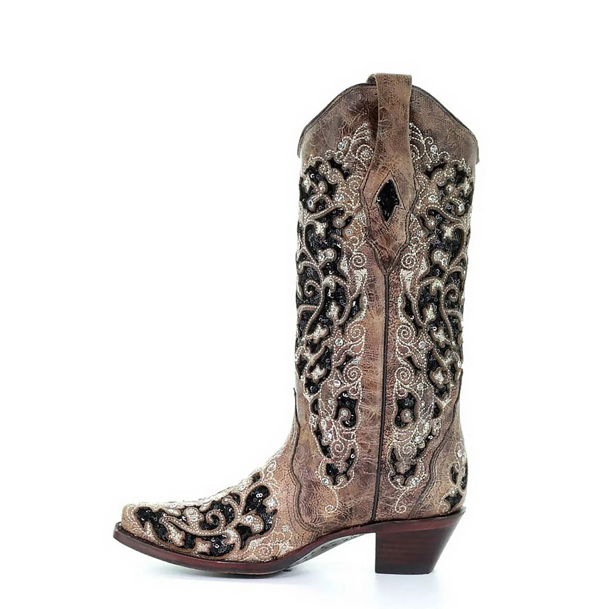 Corral Womens Black Glitter Inlay Floral Overlay with Crystals and Studs Snip Toe Boot Brown Cowboy