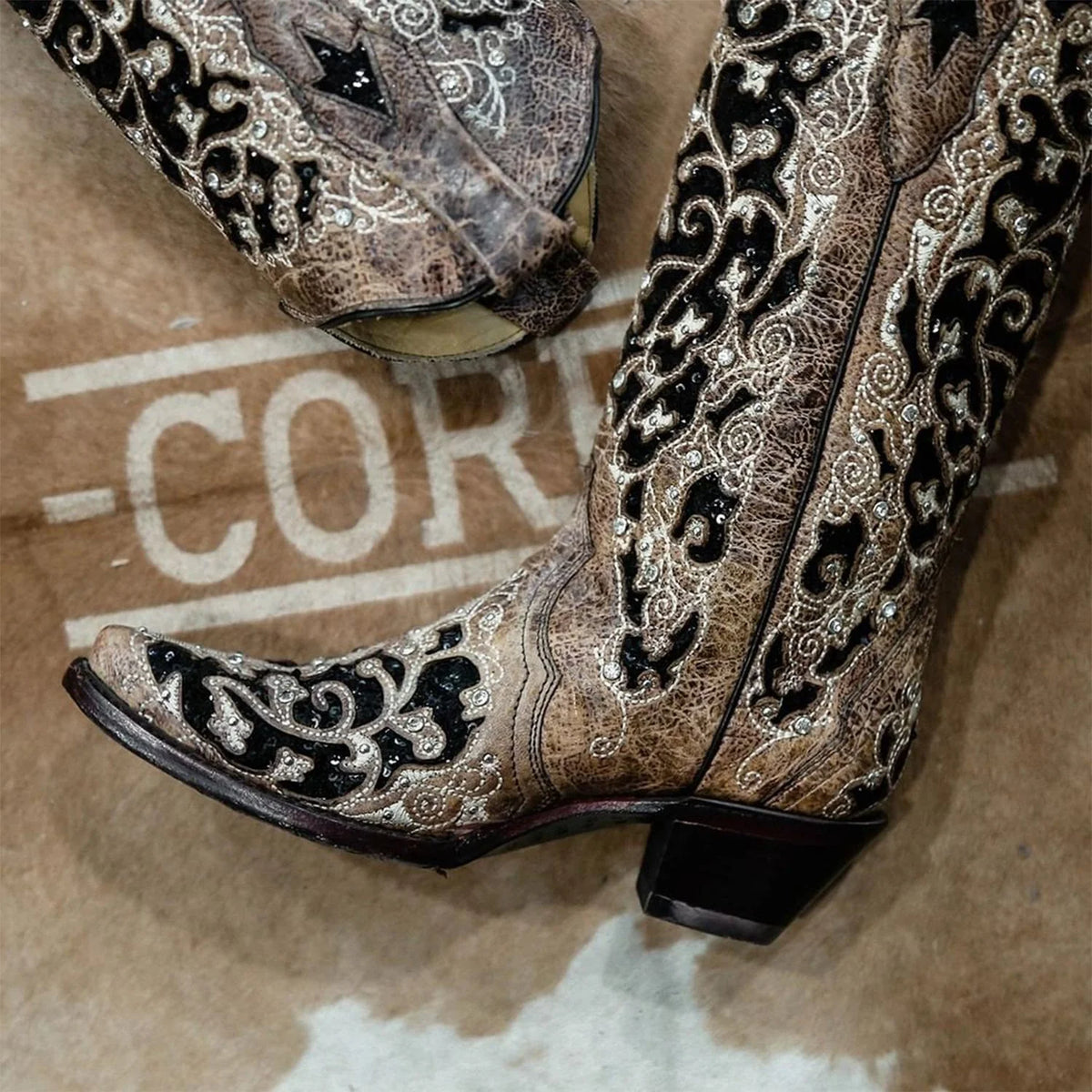 Corral Womens Black Glitter Inlay Floral Overlay with Crystals and Studs Snip Toe Boot Brown Cowboy