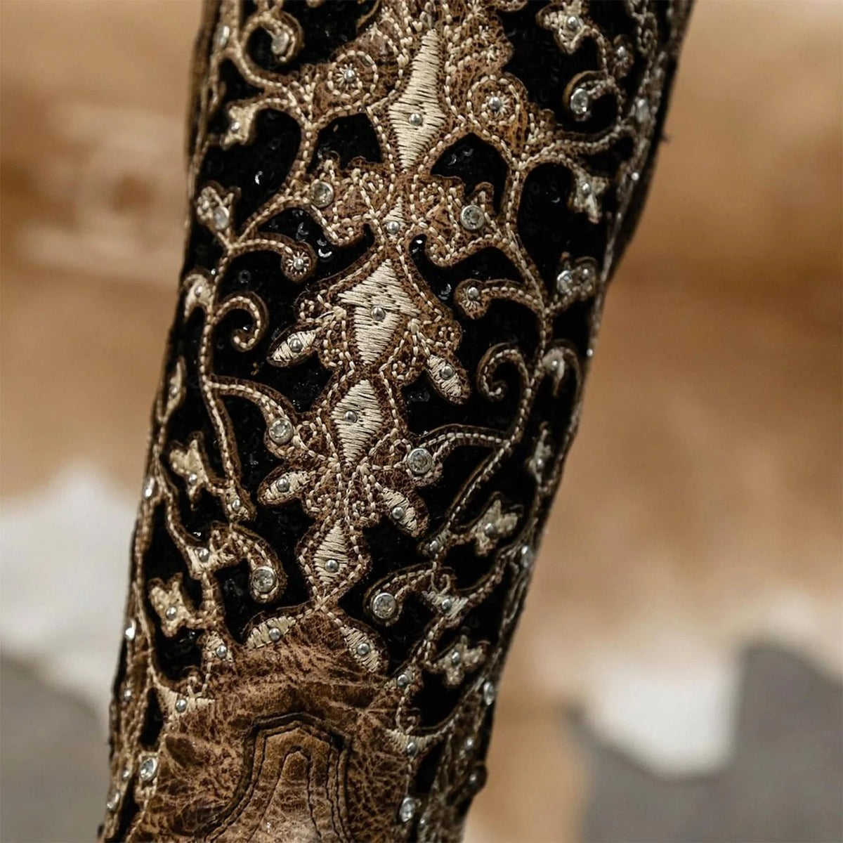 Corral Womens Black Glitter Inlay Floral Overlay with Crystals and Studs Snip Toe Boot Brown Cowboy