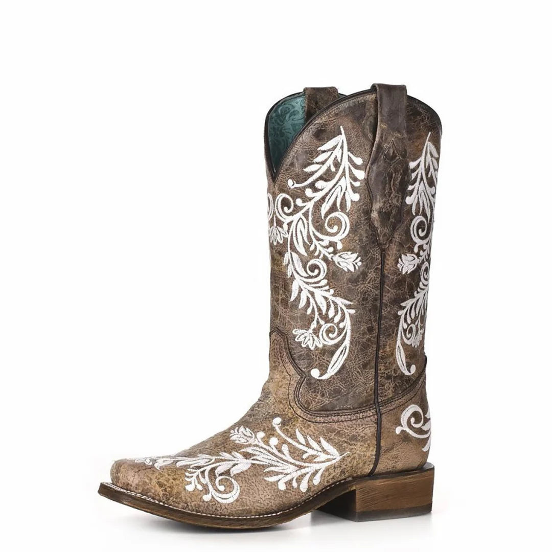 Corral Womens Glow in the Dark White Feathered Floral Embroidery Brown Square Toe Boot