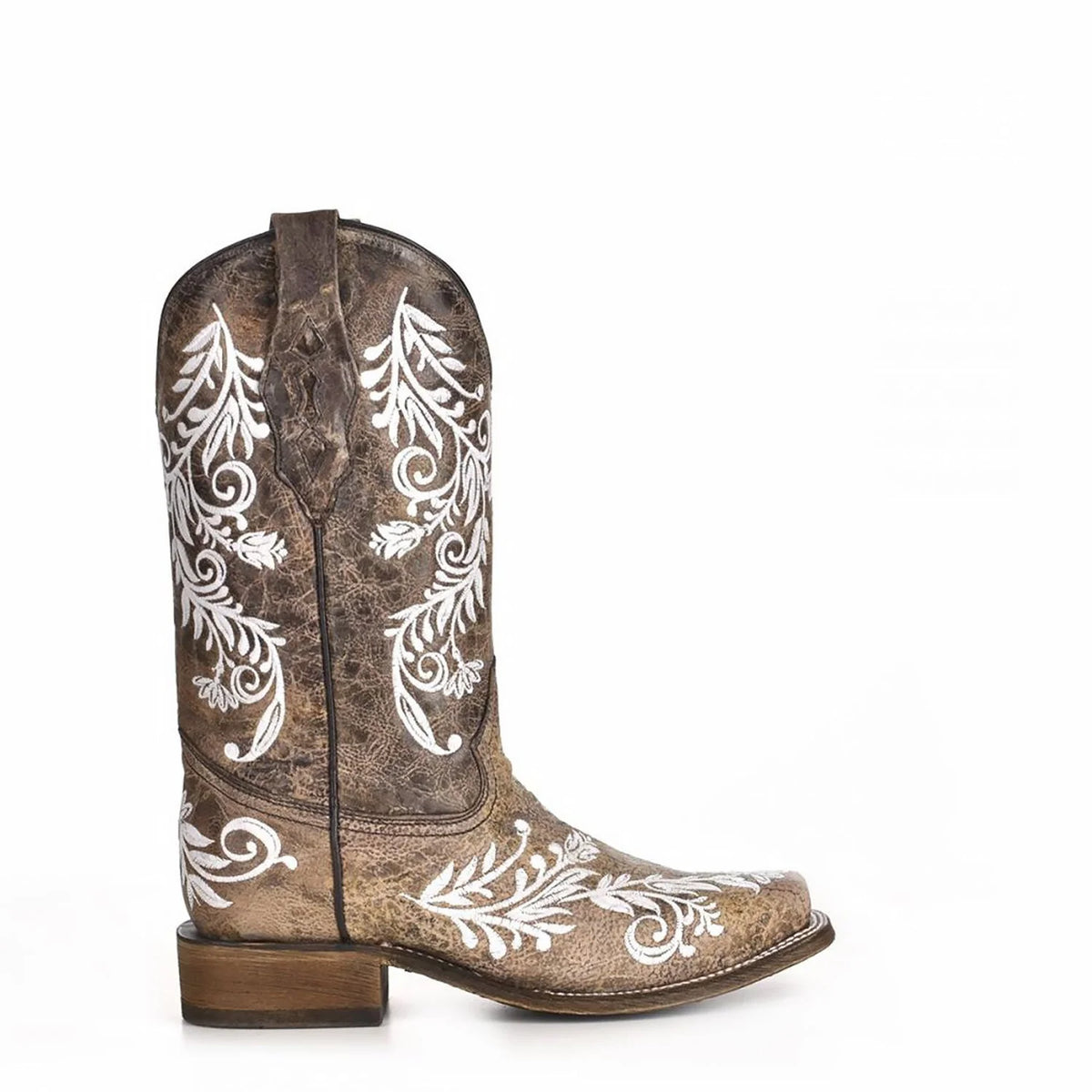 Corral Womens Glow in the Dark White Feathered Floral Embroidery Brown Square Toe Boot