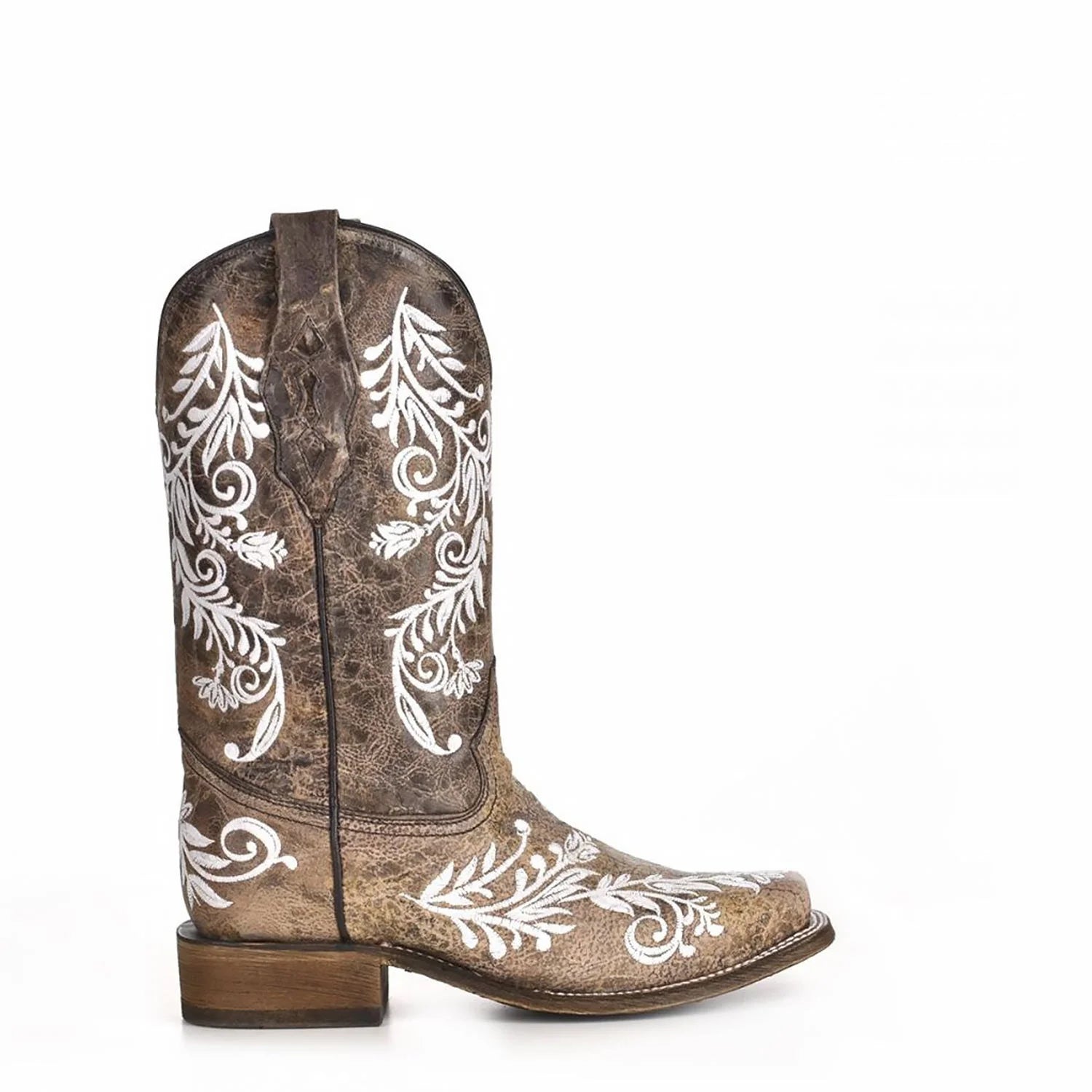 Corral Womens Glow in the Dark White Feathered Floral Embroidery Brown Square Toe Boot
