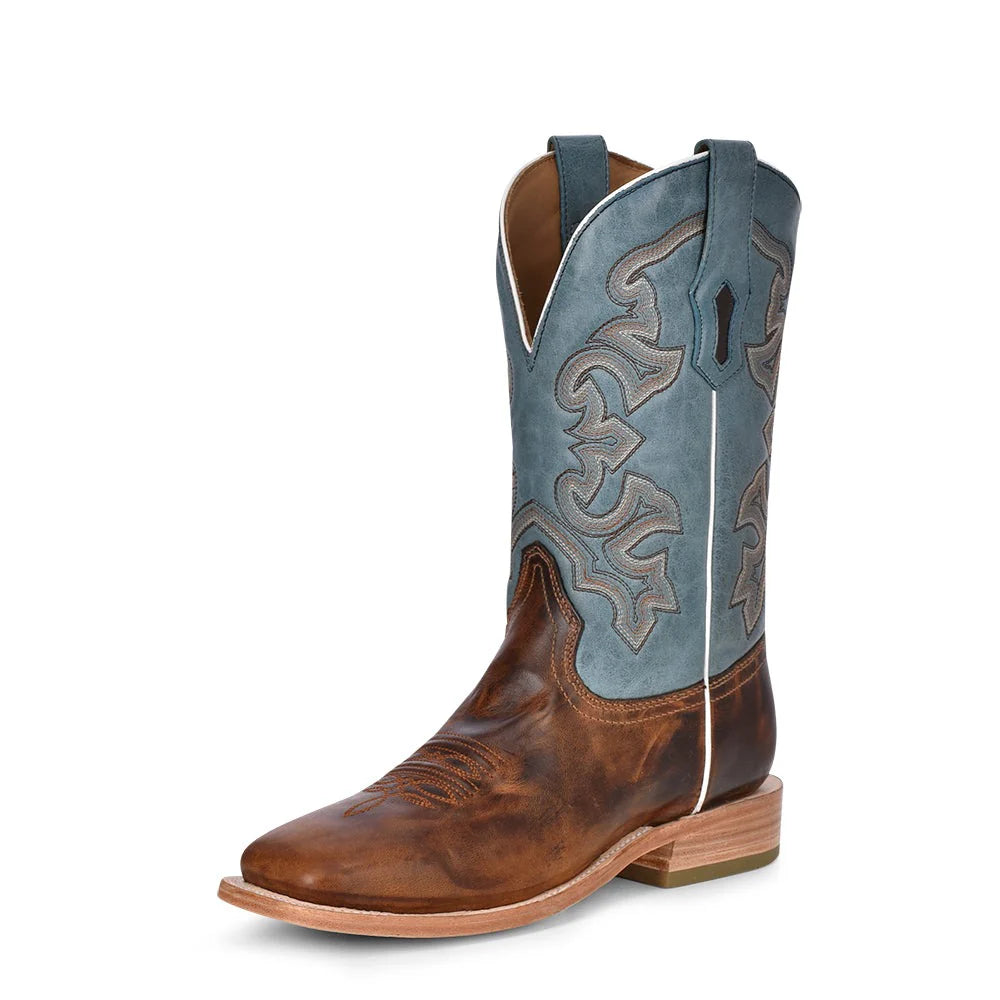 Corral Mens Blue and Honey Embroidery Wide Square Toe Rodeo Cowboy Boot
