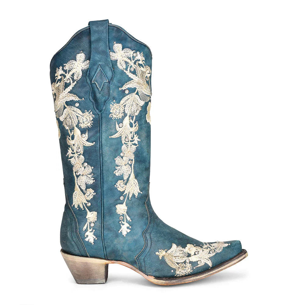 Corral Studs Floral Embroidery and Crystals Snip Toe Navy Blue