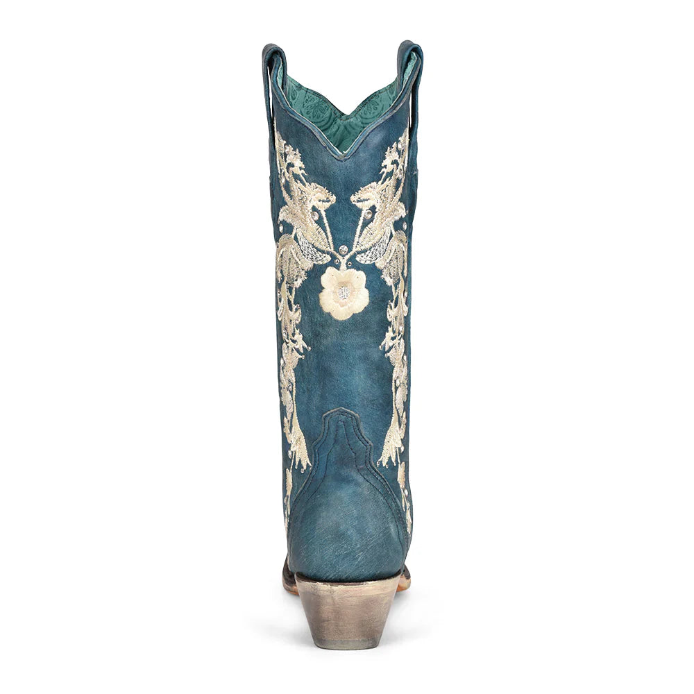 Corral Studs Floral Embroidery and Crystals Snip Toe Navy Blue