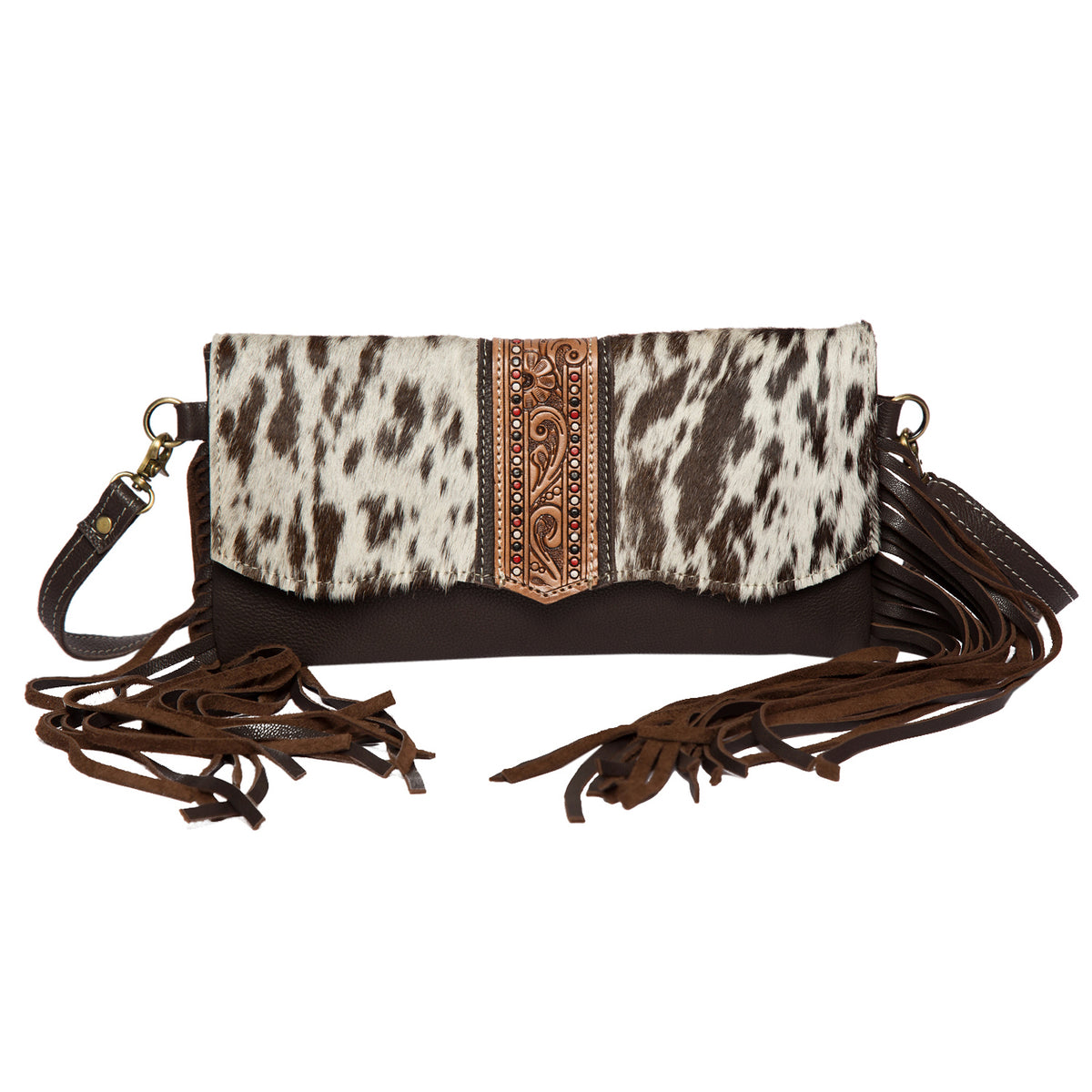 The Design Ege Hand Painted Tooling Leather Flap Cowhide Bag with Fringes