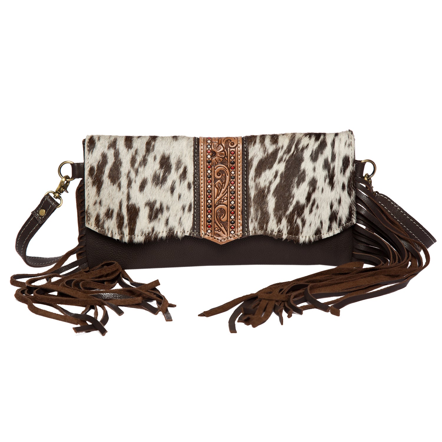 The Design Ege Hand Painted Tooling Leather Flap Cowhide Bag with Fringes
