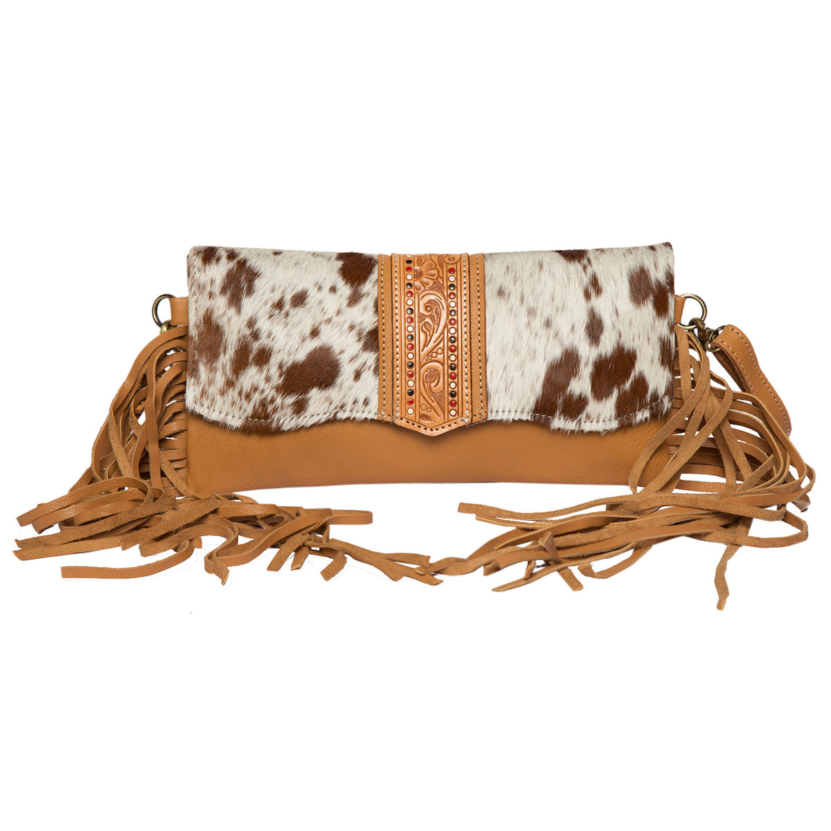 The Design Ege Hand Painted Tooling Leather Flap Cowhide Bag with Fringes