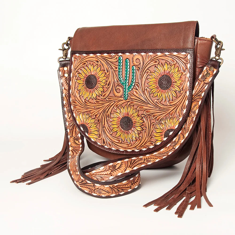 American Darling Full Grain Tooled Leather Cross Body Handbag with Fringes