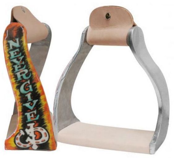 Showman Lightweight Twisted Angled Aluminium Stirrups with Shimmering Never Give Up Painted Design