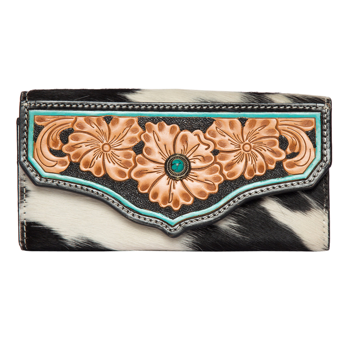 Cowhide Tooling Leather Wallet with Turquoise Stonework