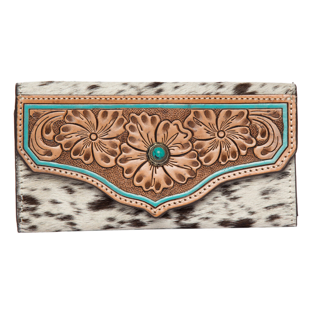 Cowhide Tooling Leather Wallet with Turquoise Stonework