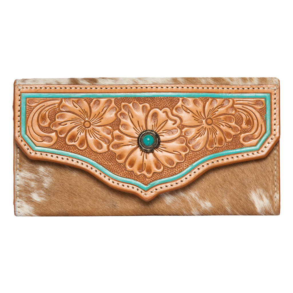 Cowhide Tooling Leather Wallet with Turquoise Stonework