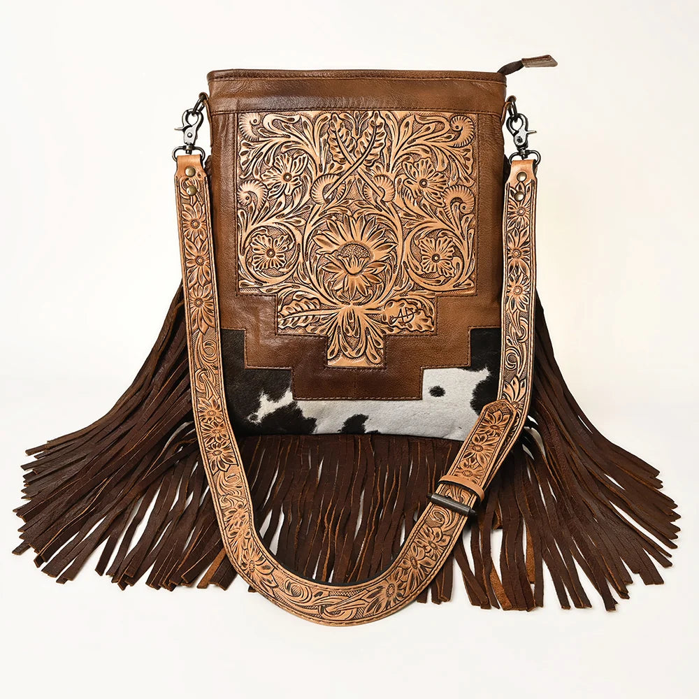 American Darling Messenger Bag - Hand Tooled Floral Leather and Hair On | Giftware - Handbag | Saddleworld Ipswich