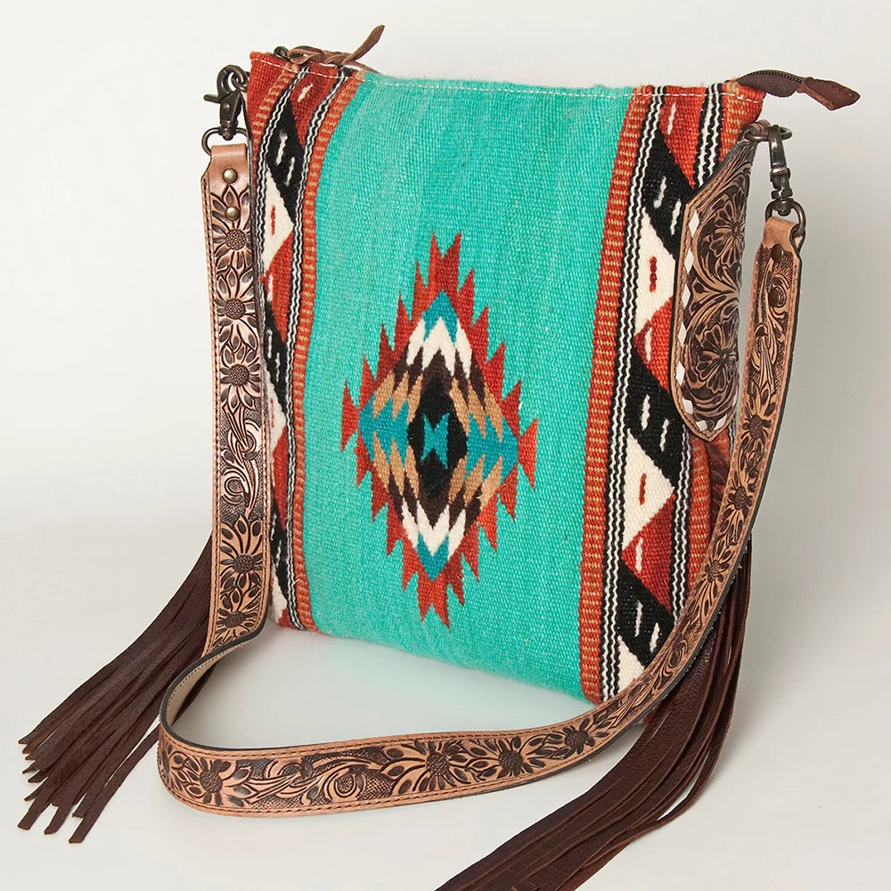 American Darling Southwestern Wool Blanket and Tooled Leather Strap Cross Body Bag | Giftware - Handbag | Saddleworld Ipswich