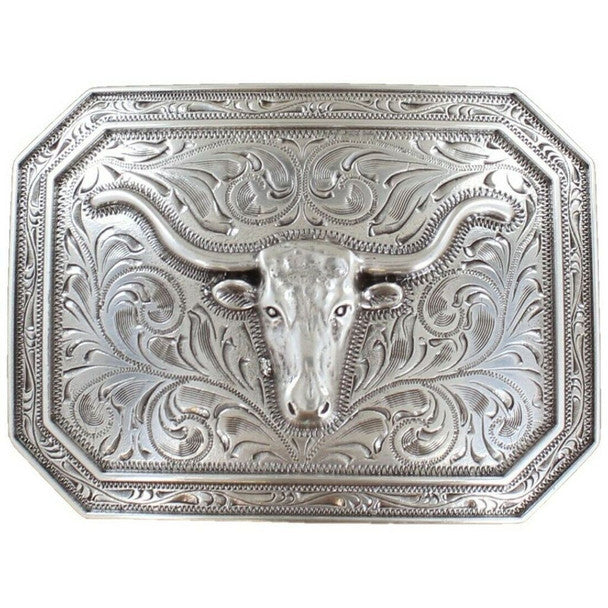 Ariat Buckle Rectangle Smooth Edge Longhorn Motif Aged Silver | Country Clothing - Belt  | Saddleworld Ipswich