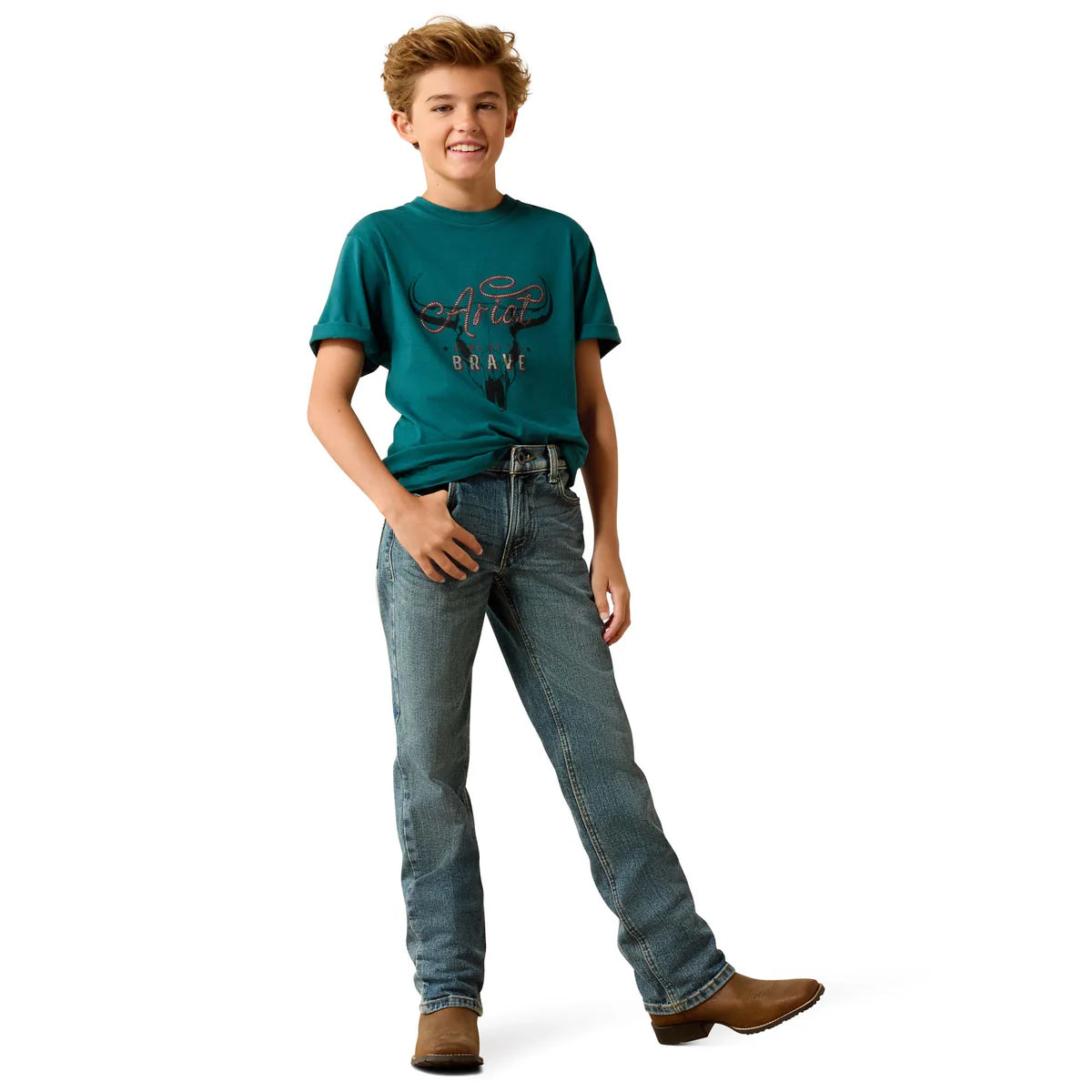 Ariat Bys Cattle Skull Freedom SS Tee Mediterranean | Country Clothing - Childrens Clothing | Saddleworld Ipswich