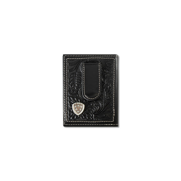 Ariat Mns Money Clip Style Wallet Floral Embossed Shield Black | Giftware - Handabags and Wallets | Saddleworld Ipswich