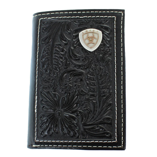Ariat Mns Trifold Style Wallet Floral Embossed Shield Black | Giftware - Handbag | Saddleworld Ipswich