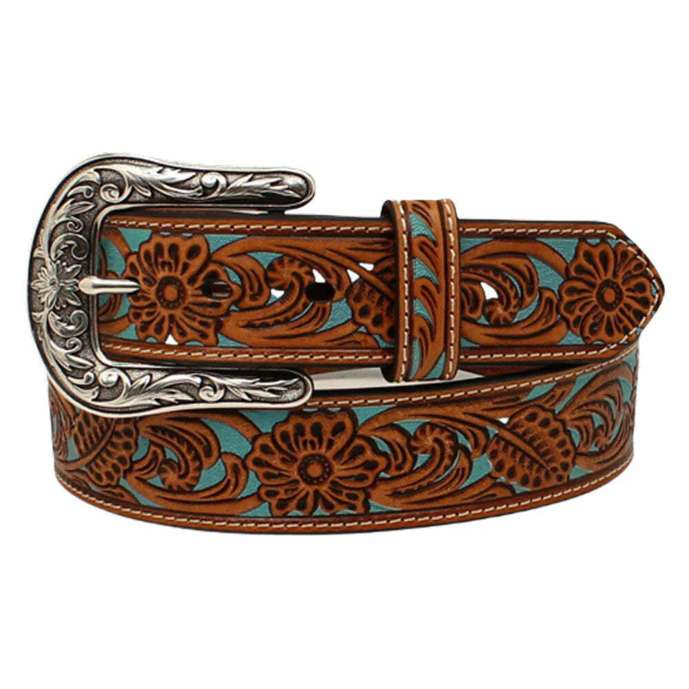 Ariat Wms Floral Turquoise Underlay Belt 1.5in Tan | Country Clothing - Belt | Saddleworld Ipswich