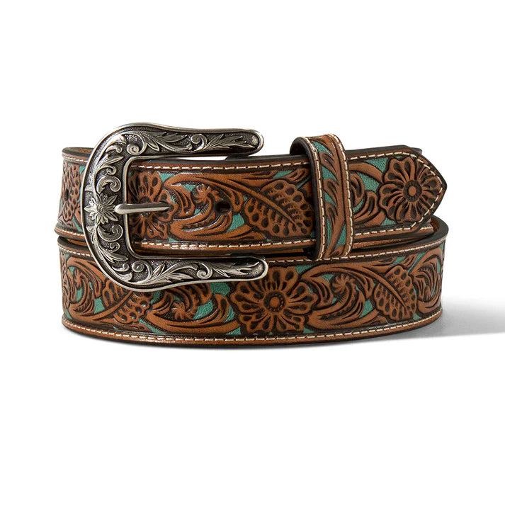 Ariat Wms Floral Turquoise Underlay Belt 1.5in Tan | Country Clothing - Belt | Saddleworld Ipswich