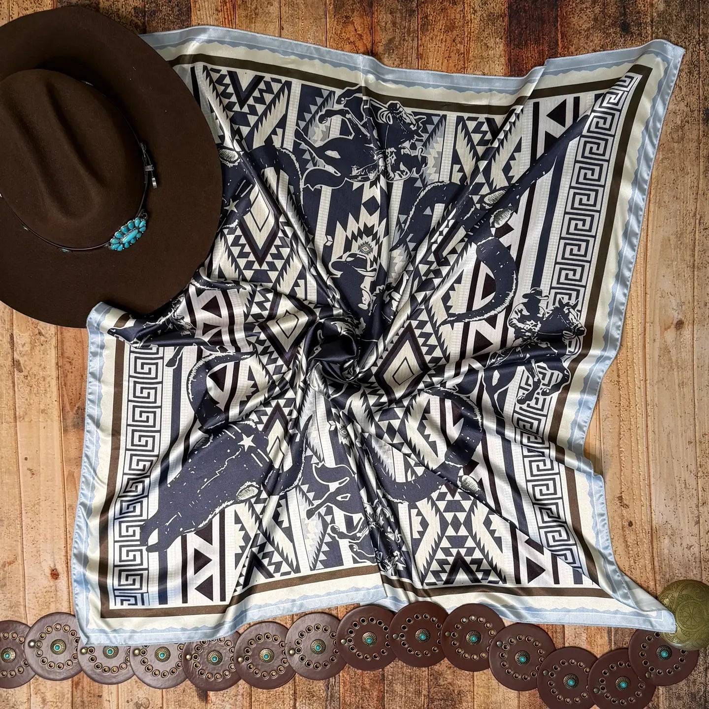 Aztec Cowboy Longhorn Print Silk Wild Rag | Country Clothing - Scarf | Saddleworld Ipswich