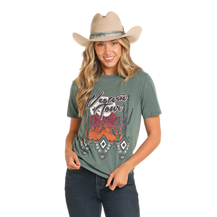 Rock and Roll Denim Ladies Teal Western Tour Graphic T Shirt
