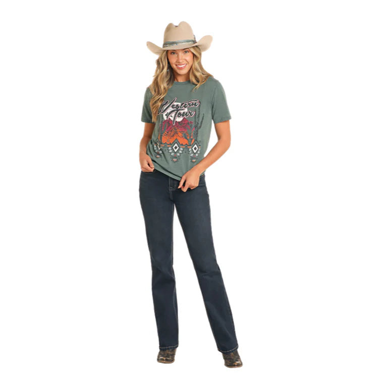 Rock and Roll Denim Ladies Teal Western Tour Graphic T Shirt
