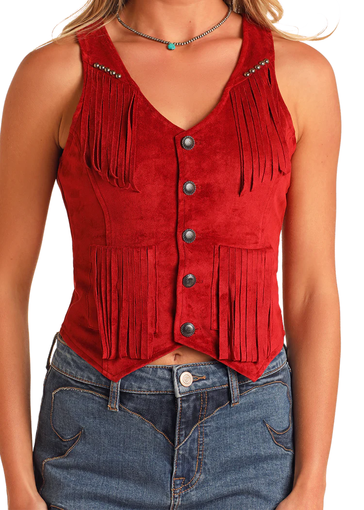 Rock and Roll Studded Microsuede Fringe Vest Red