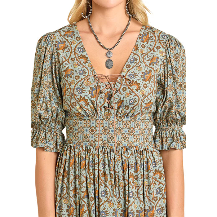 Rock and Roll Denim Ladies Smocked Jade Green Mini Dress