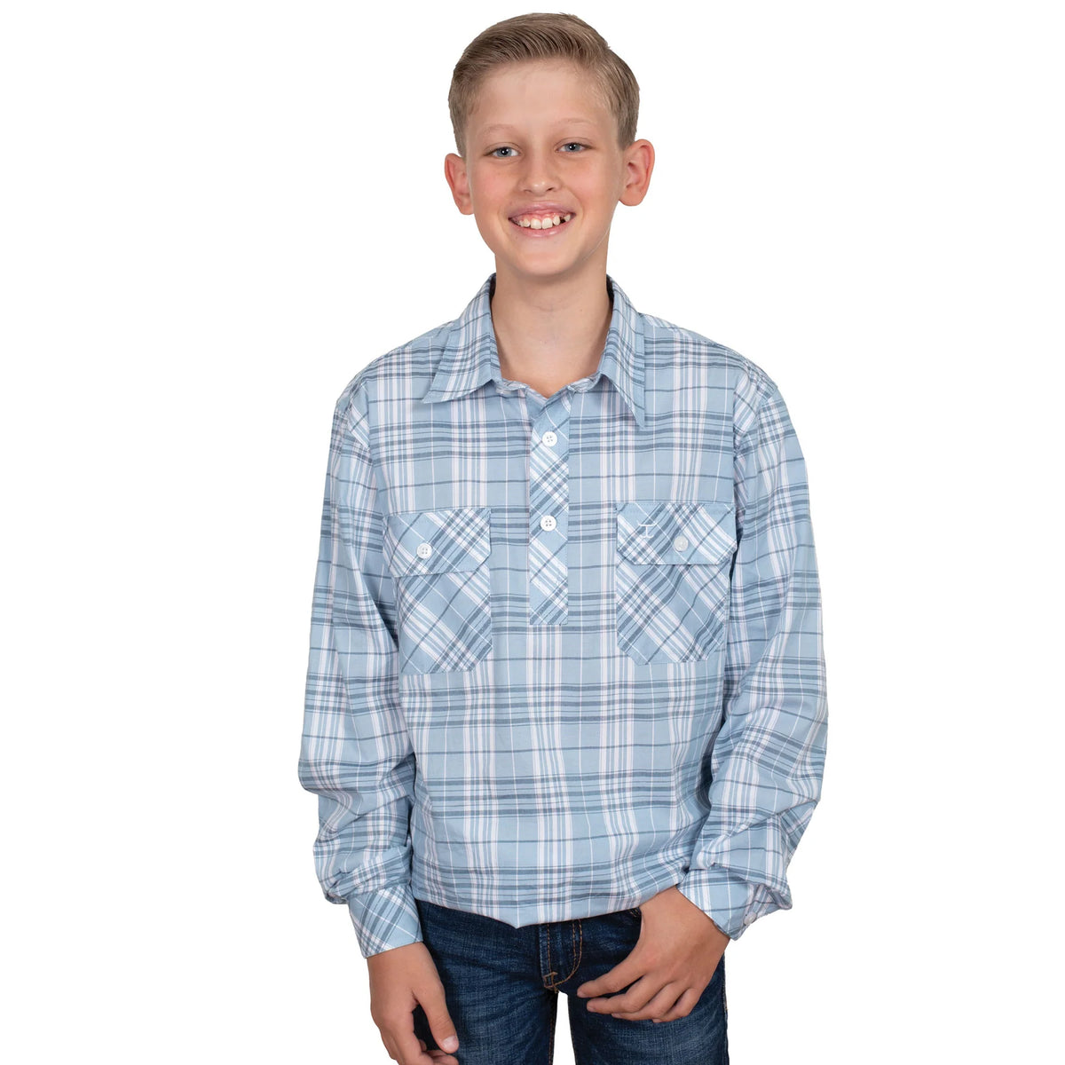Just Country Boys Brayden Half Button Print Workshirt Light Blue Plaid - EOFY Sale
