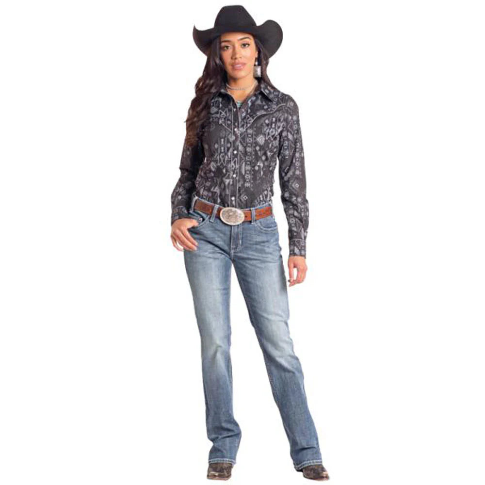 Rock and Roll Wmns Long Sleeve Aztec Print Snap Shirt - Black Friday Sale