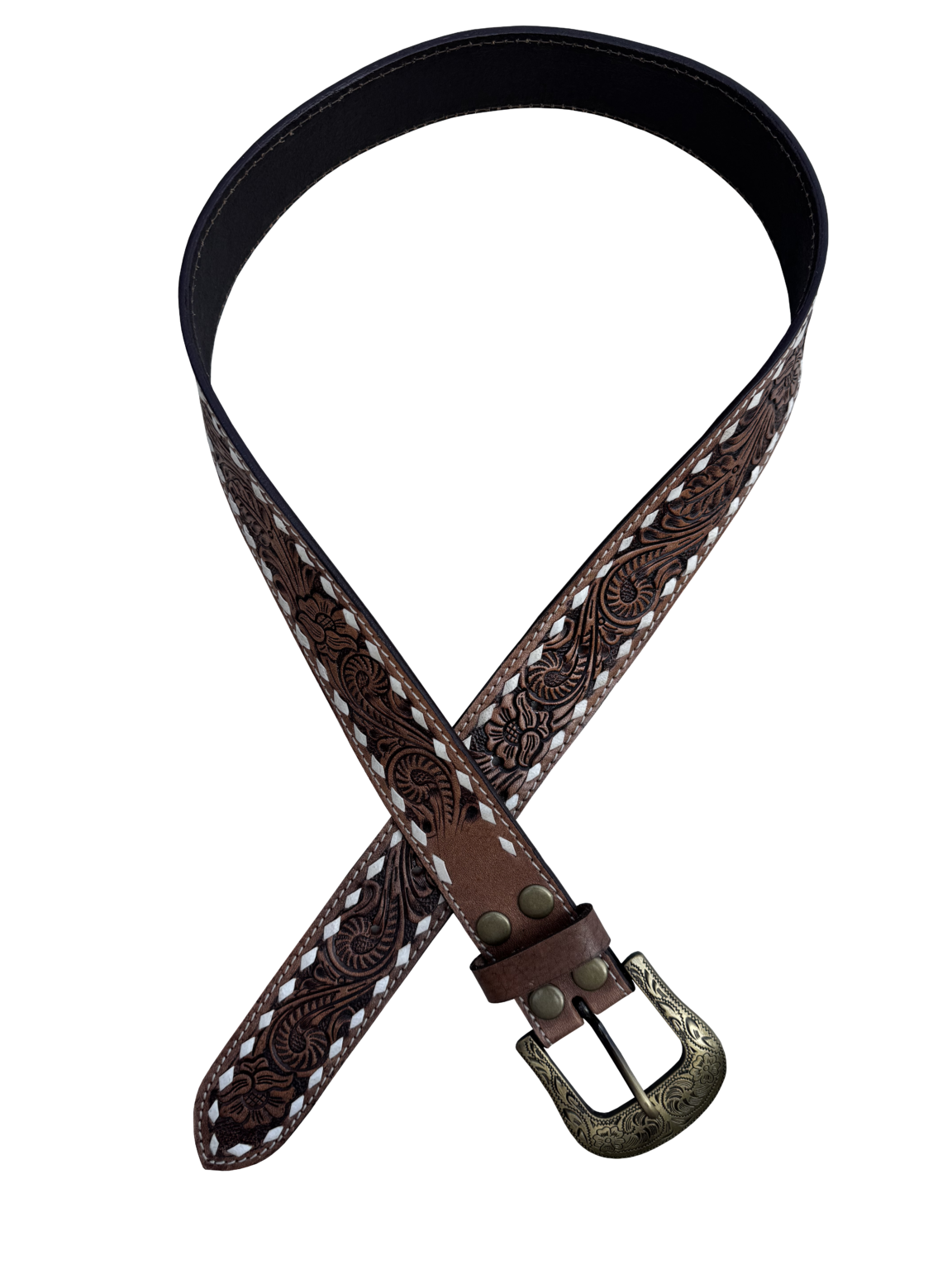 The Design Edge Buck Stitch Tooling Leather Belt with Removable Buckle