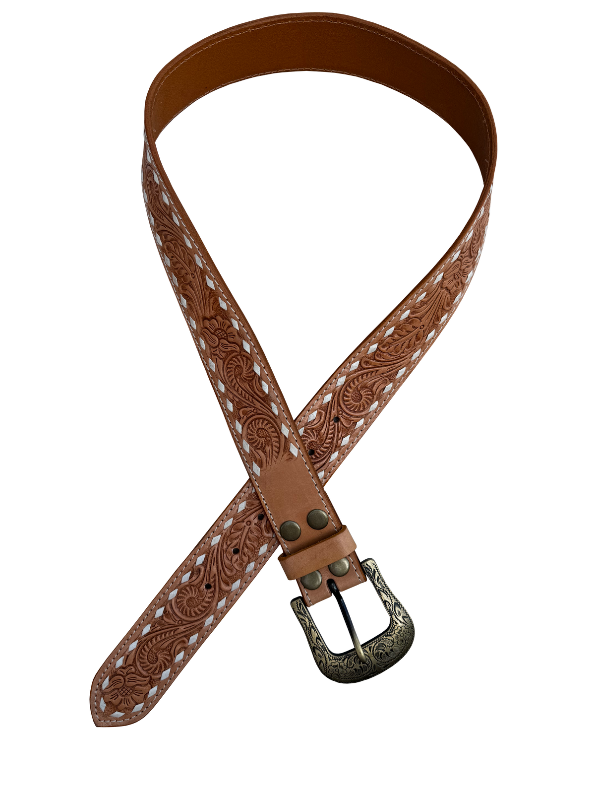 The Design Edge Buck Stitch Tooling Leather Belt with Removable Buckle