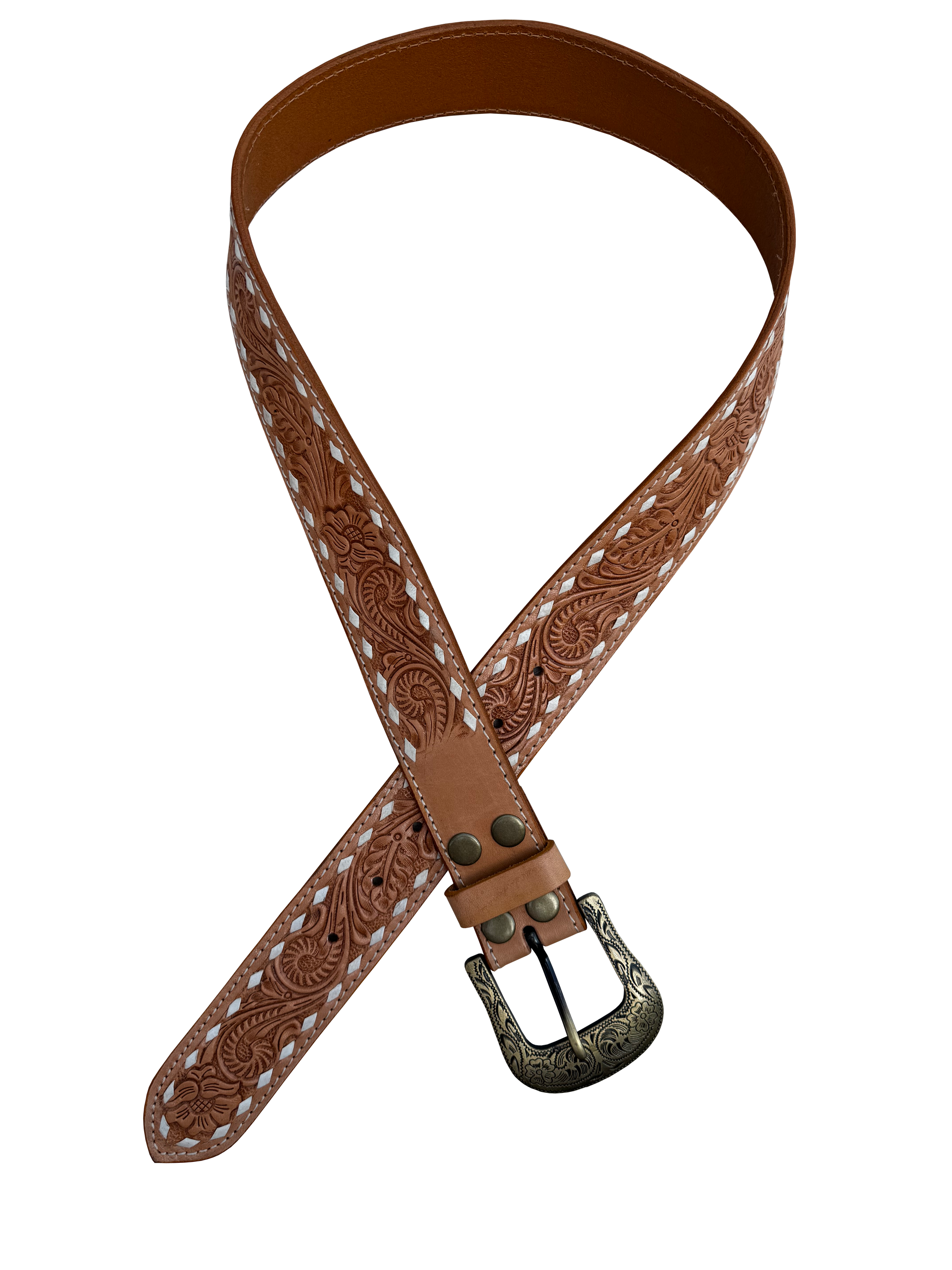 The Design Edge Buck Stitch Tooling Leather Belt with Removable Buckle