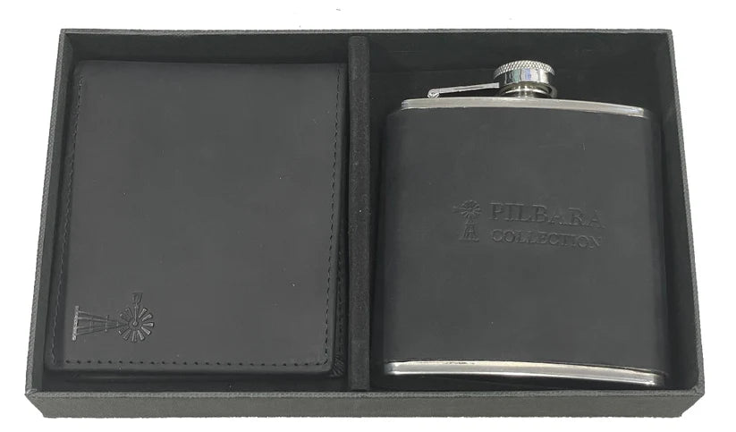 Pilbara Leather Wallet and Hip Flask