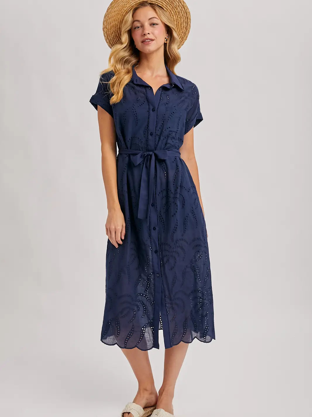 Boho Eyelet Button Down Shirt Belted Midi Dress