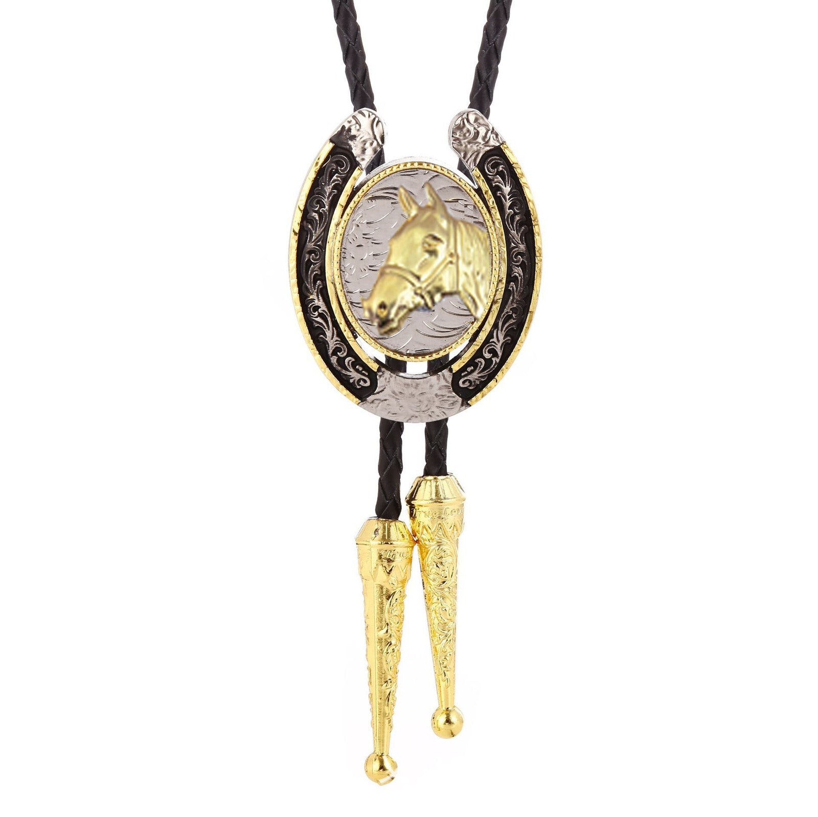Bolo Tie Oval Horsehead - Gold/Black Horseshoe