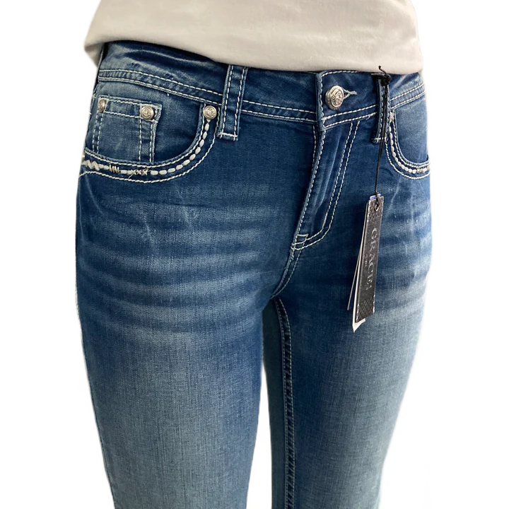Grace in LA Harlequin Sequin Feathered Longhorn Mid Rise Bootcut Jeans