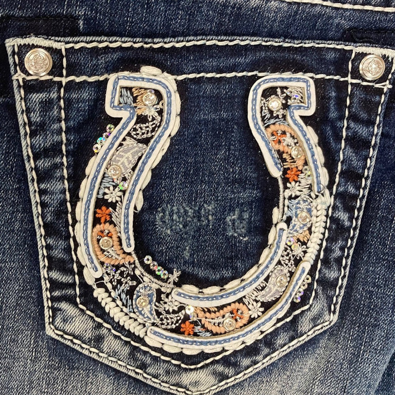 Grace in LA Wmns Dark Wash Easy Fit Paisley Embroidery Inset Horseshoe Bootcut