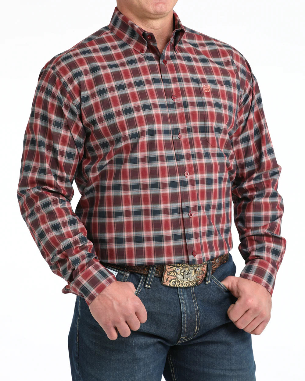 Cinch Mens Burgundy Plaid Long Sleeve Shirt