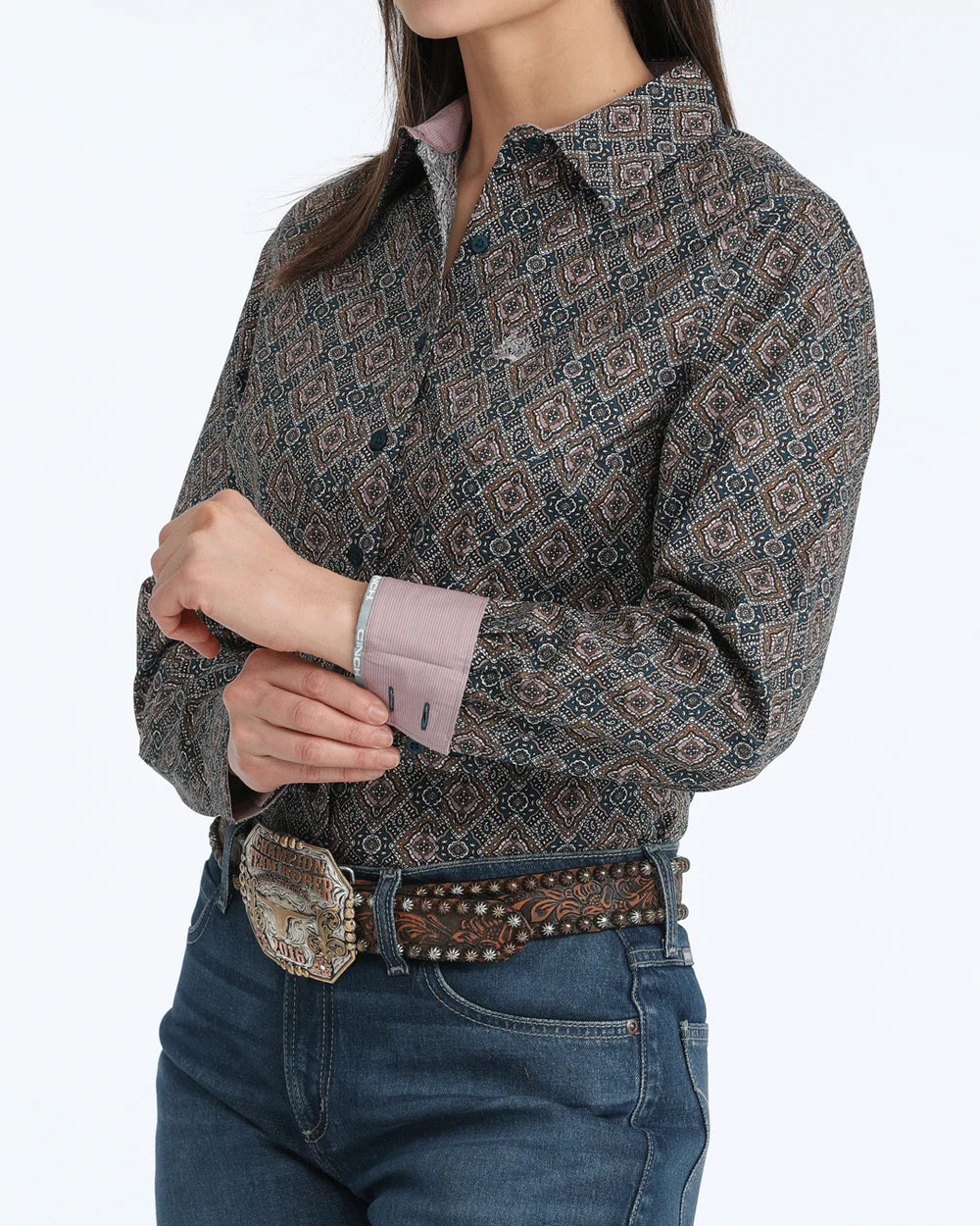Cinch Wmns Brown with Blue Print Shirt