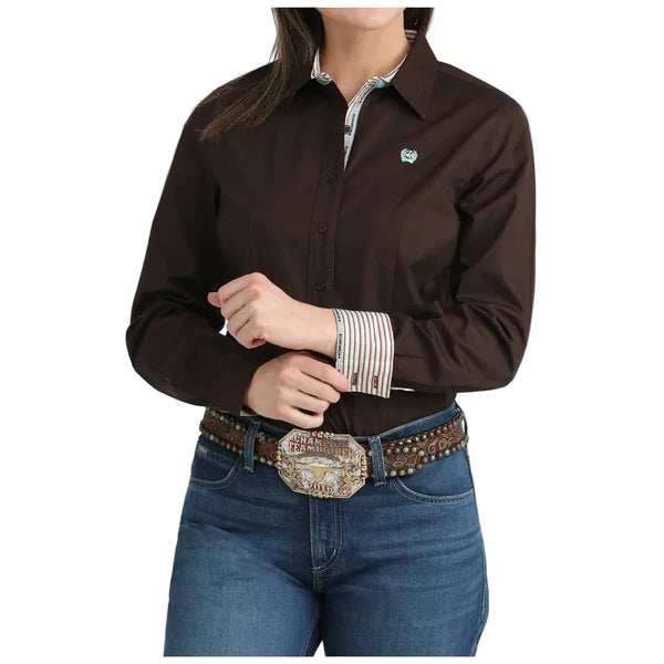 Cinch Wmns Long Sleeve Western Button Down Shirt - Solid Brown | Country Clothing - Ladies SHirt | Saddleworld Ipswich