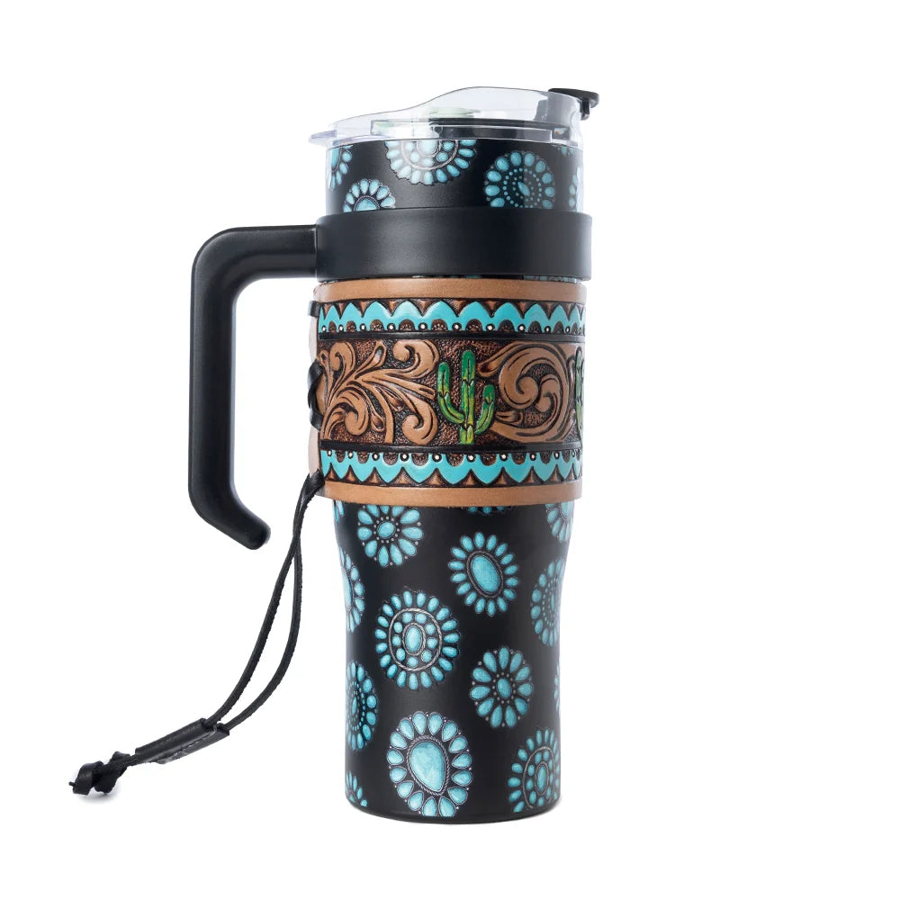 Concho Crest Western Tooled Tumblr in Black Stainless Steel with Leather Wrap and Handle | Giftware - Accessories | Saddleworld Ipswich