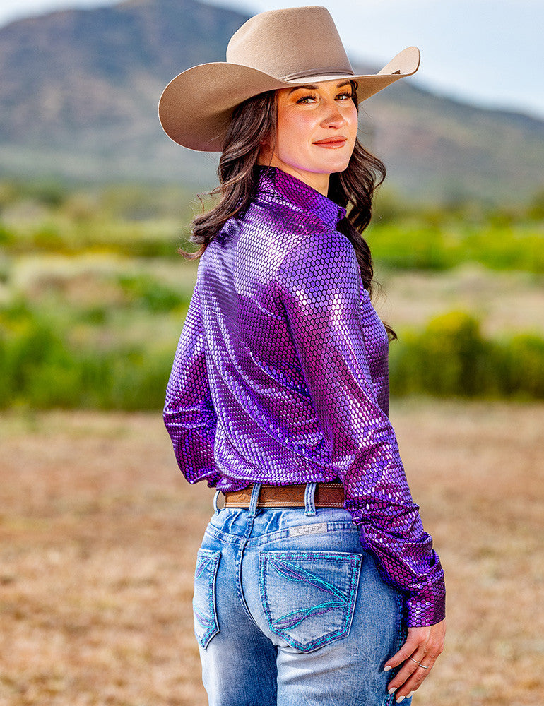 Cowgirl Tuff Bold Violet Foil Metallic Pullover Button Up Lightweight and Medium Stretch | Country Clothing - Ladies Shirt | Saddleworld Ipswich