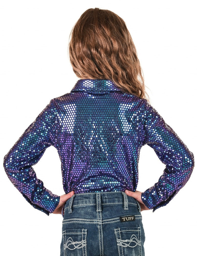 Cowgirl Tuff Girls Purple and Teal Foil Metallic Pullover Button Up Lightweight and Medium Stretch | Country Clothing - Girls Shirt | Saddleworld Ipswich